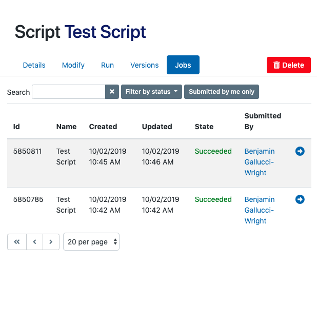 Script engine showing the jobs tab