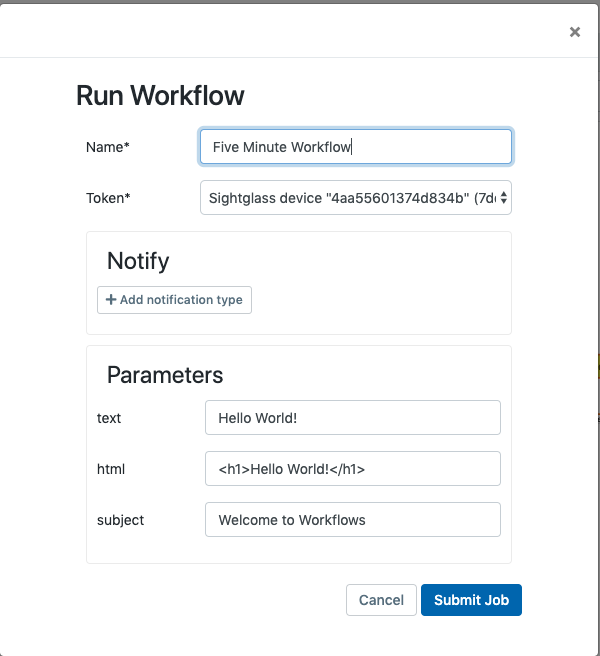 run workflow dialog