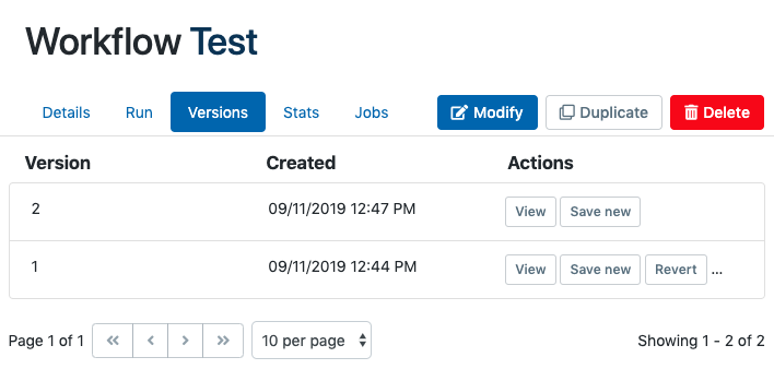 workflow versions tab