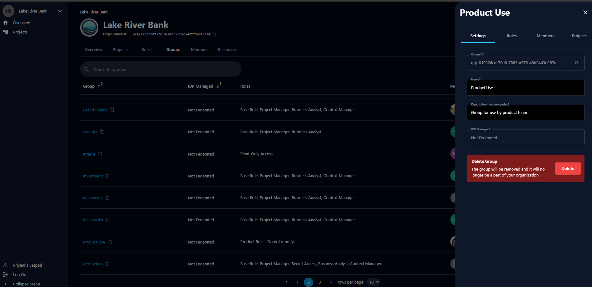 The group Details tab showing the group ID, name, description, federation status, and the delete danger zone