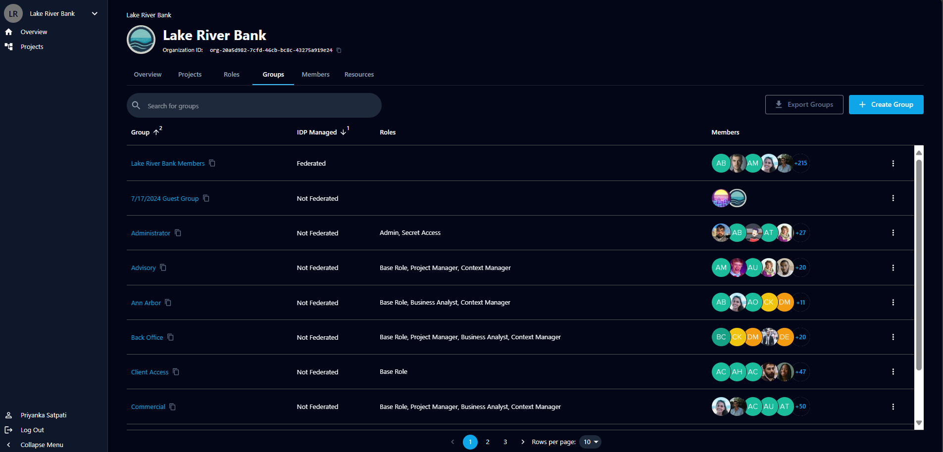 The Groups tab showing the list of groups with their federation status, assigned roles, and members