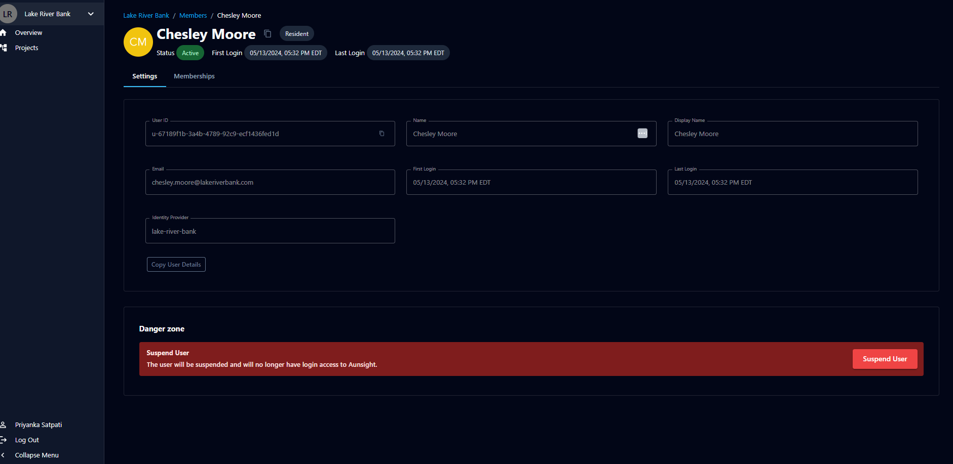 The member Settings tab showing profile fields and the Suspend User danger zone