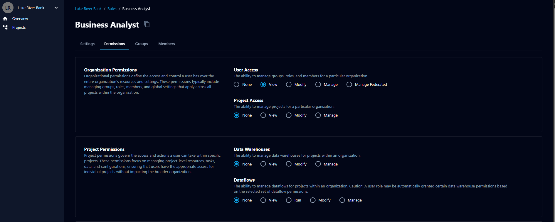 The role Permissions tab showing organization and project permission categories with None, View, Modify, and Manage access levels