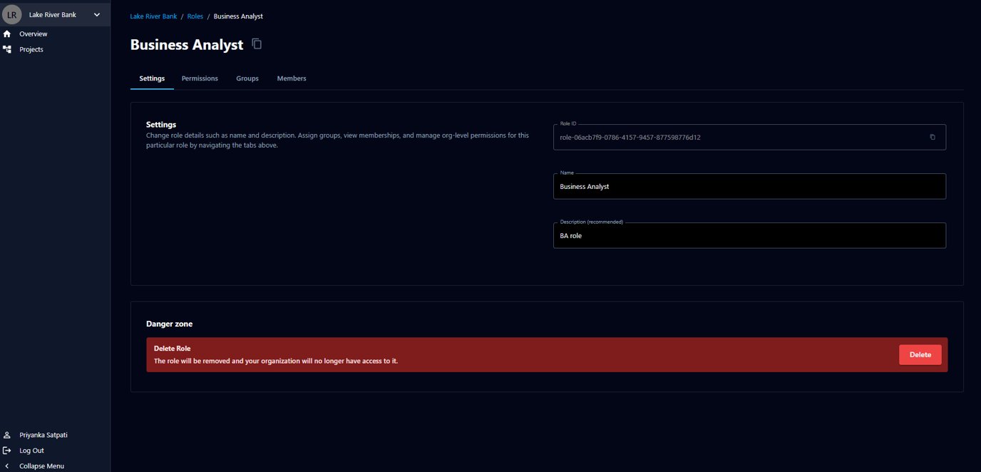 The role Settings tab showing the role ID, name, and description, with the Delete Role danger zone at the bottom