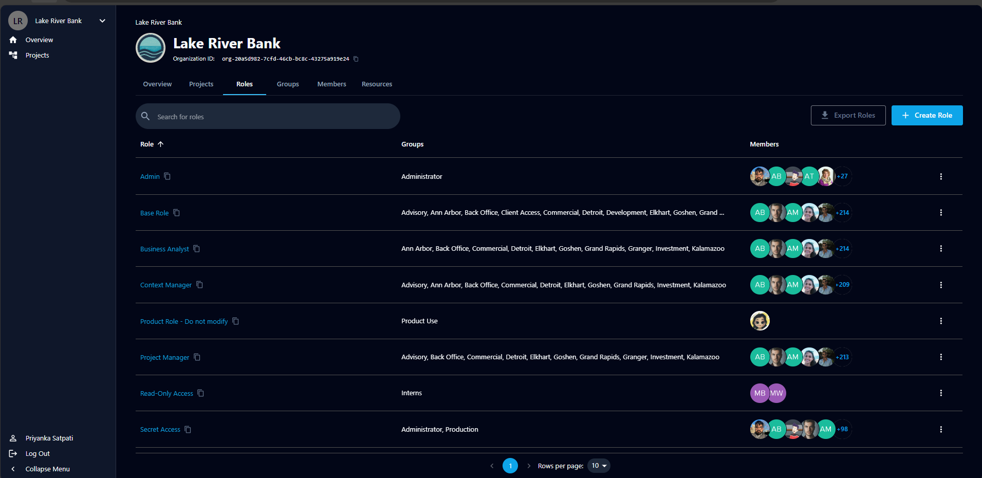 The Roles tab showing the list of roles with their assigned groups and members