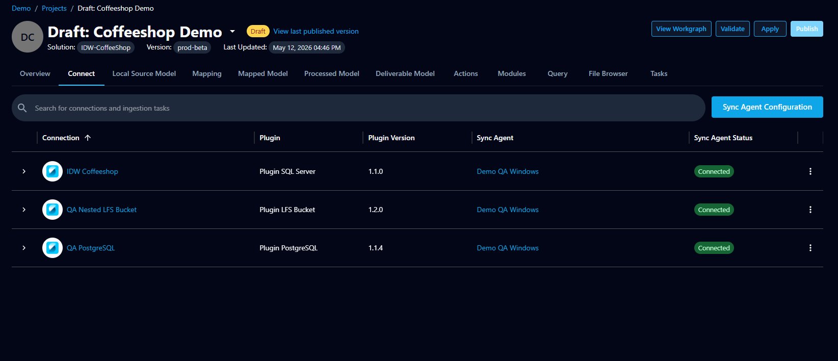 The Connect tab of a solution project listing connections with their plugin, plugin version, sync agent, and sync agent status