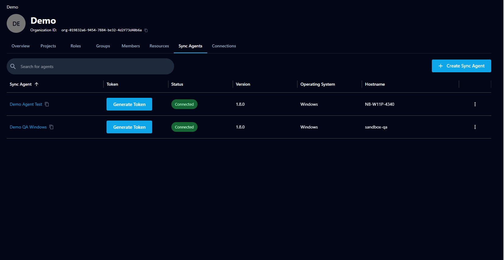 The Sync Agents configuration page showing the organization's agents and their status