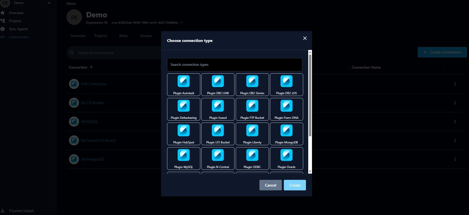 The Choose connection type dialog showing a searchable grid of available plugins