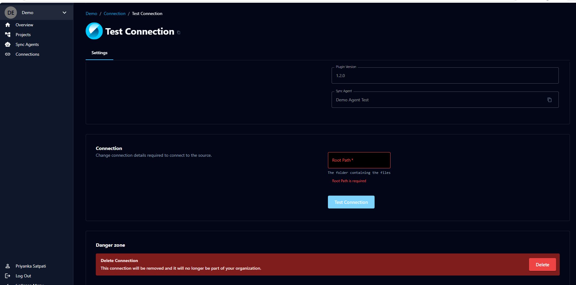 The Connection section of a connection's Settings page, with plugin-specific fields and the Test Connection button