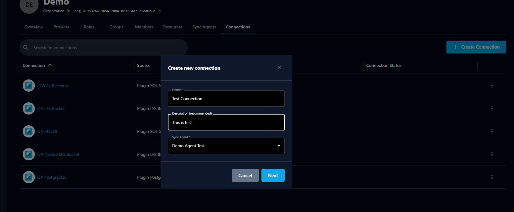 The Create new connection dialog with name, description, and sync agent fields