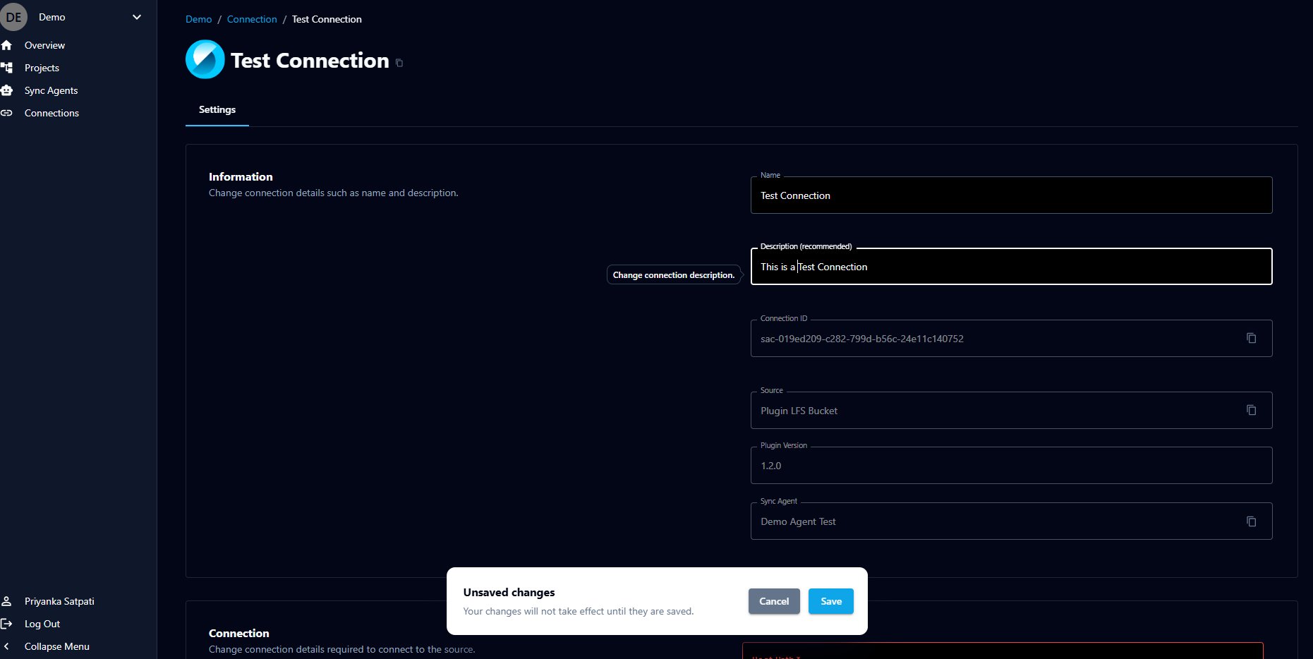 The connection Settings page showing the Information section