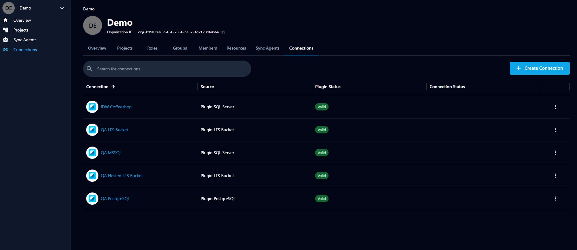 The Connections tab listing connections with their source plugin, plugin status, and connection status