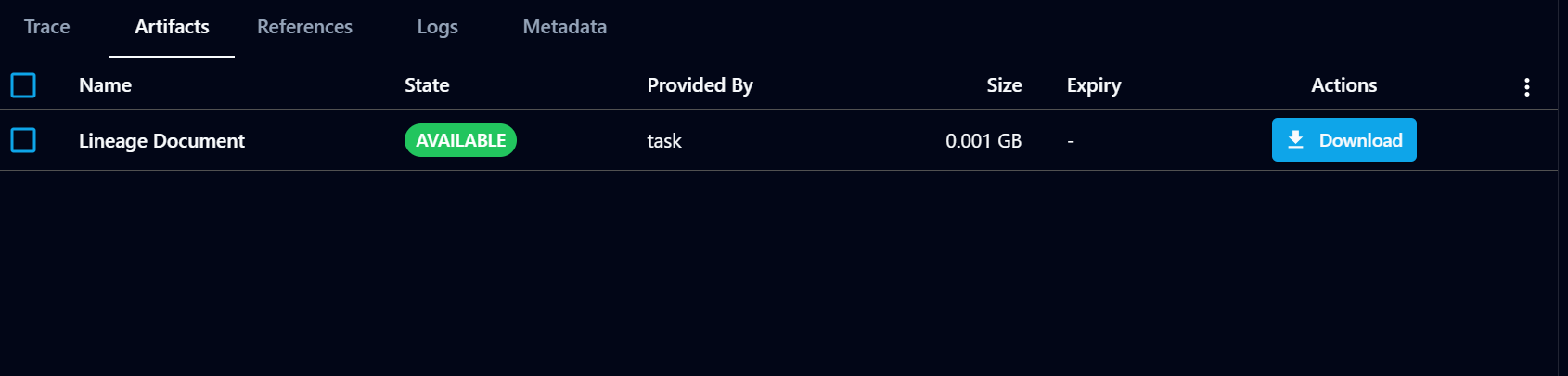 Artifacts tab with the Lineage Document available to download