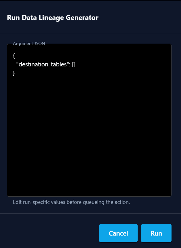 Run Data Lineage Generator dialog with the Argument JSON editor