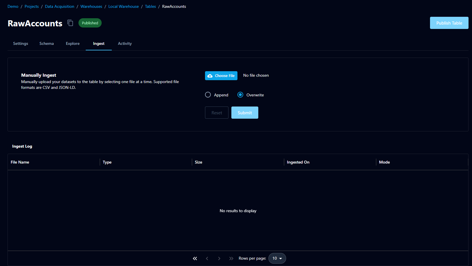 The table Ingest tab showing manual upload options and the ingest log