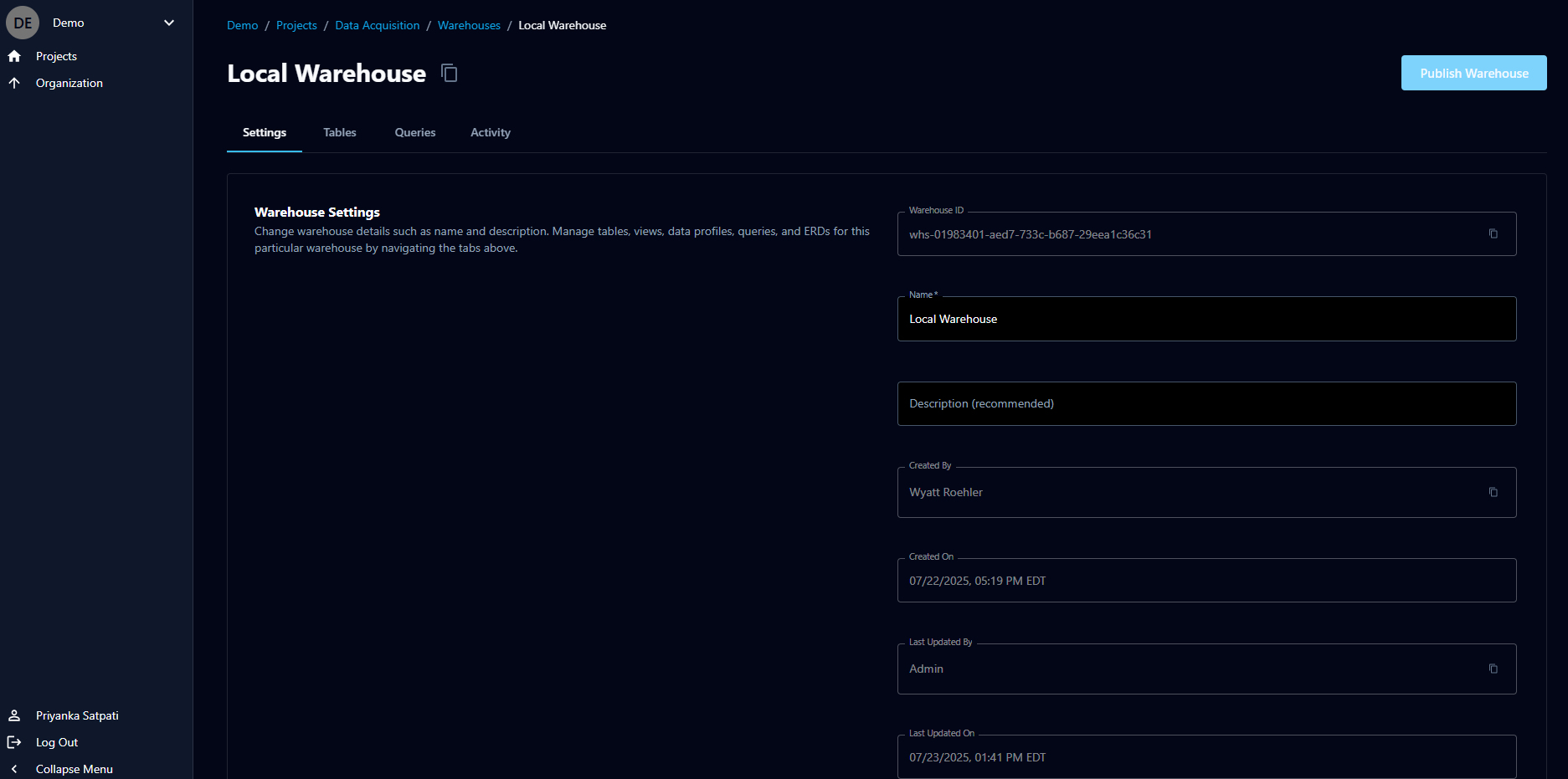 The warehouse Settings tab showing warehouse ID, name, description, and metadata