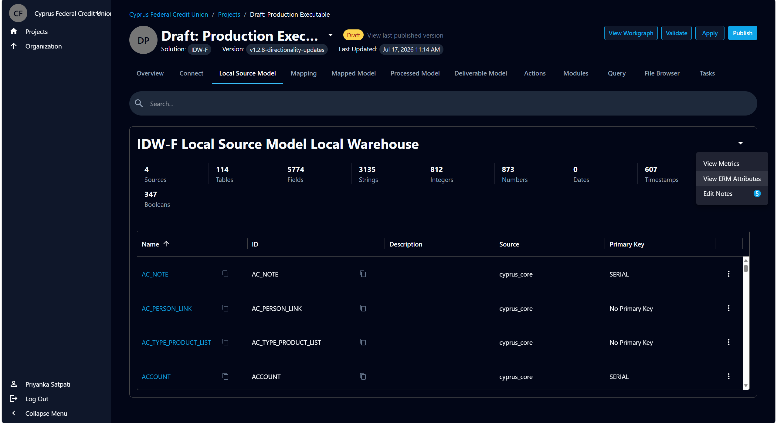 The warehouse menu showing View Metrics, View ERM Attributes, and Edit Notes with a count badge