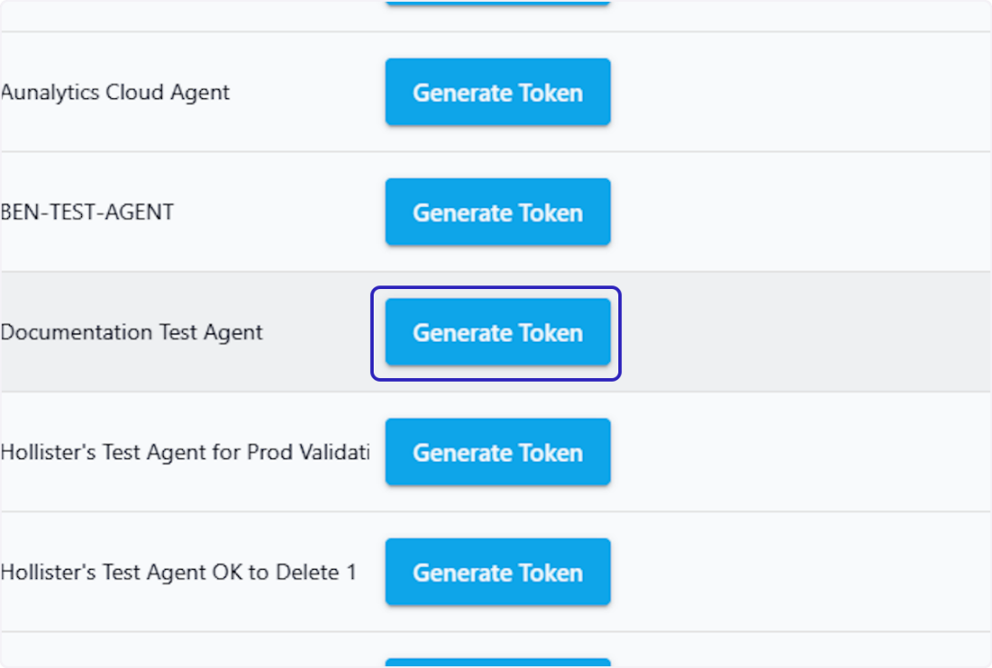 Generating a new token from the Agents list