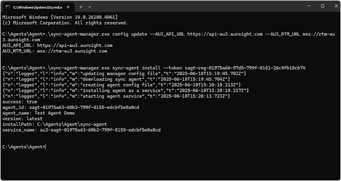 A successful install showing success: true and the agent details