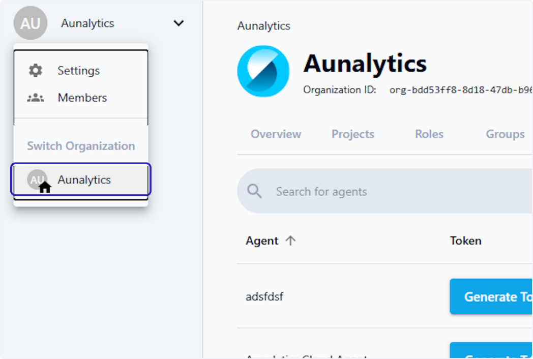 The organization selector in the global navigation bar