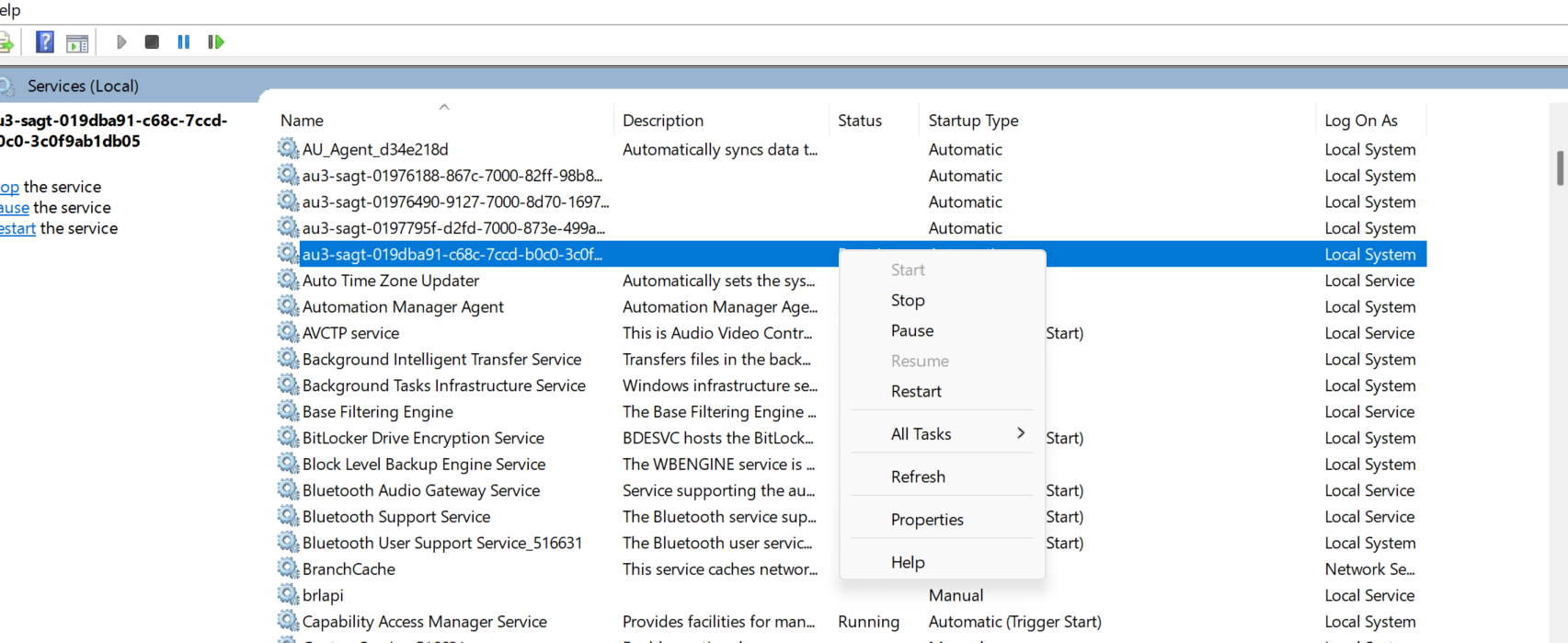 The agent service status shown as stopped