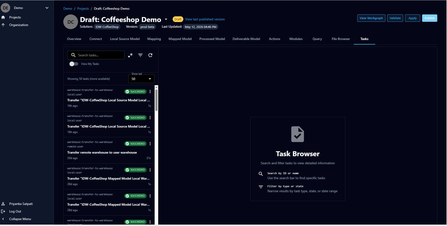 The Tasks tab showing the Task Browser with a list of tasks and the detail panel