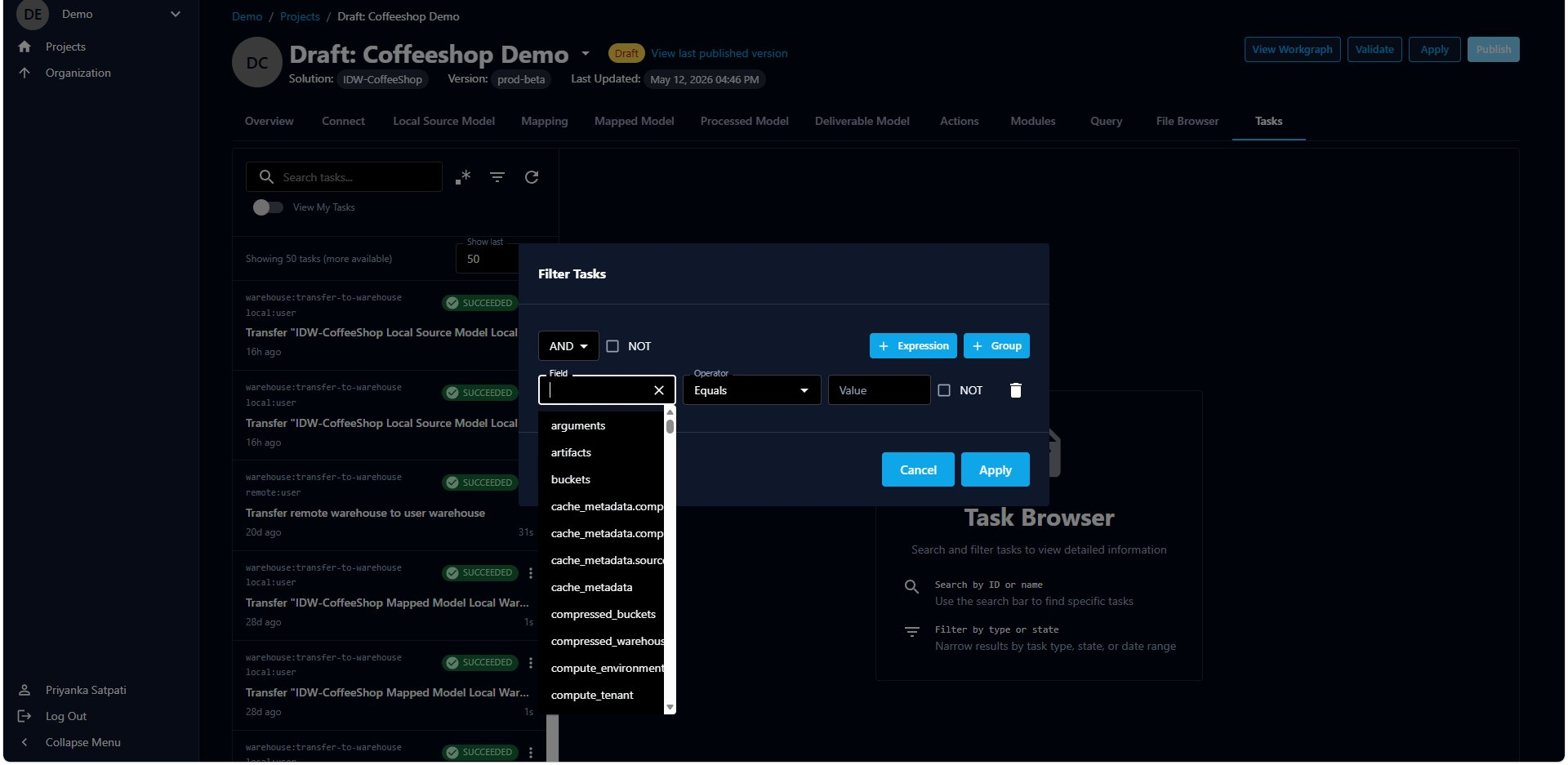 The Field dropdown listing task properties to filter on