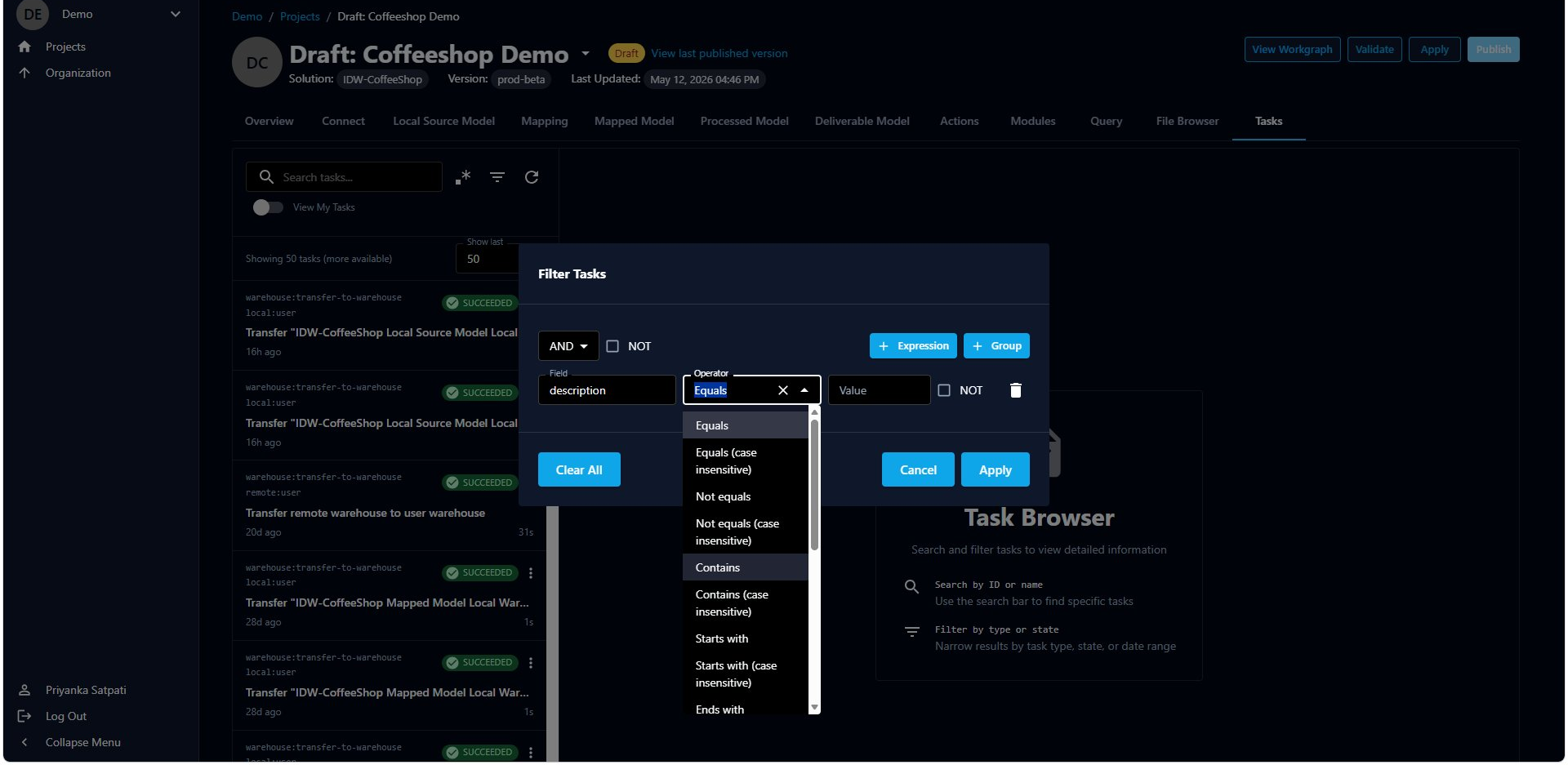 Choosing an operator such as Contains in the Filter Tasks dialog