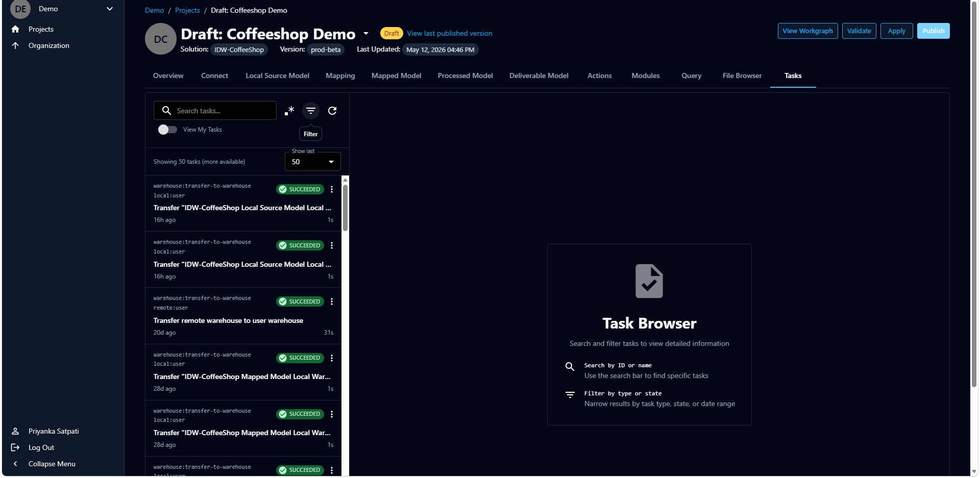 The Filter Tasks dialog showing the field, operator, and value controls