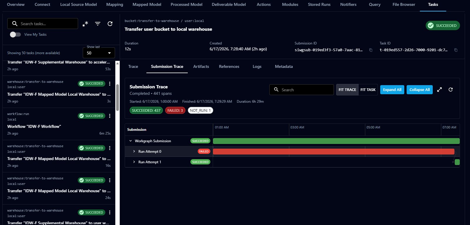 The Submission Trace tab showing run attempts and node status counts