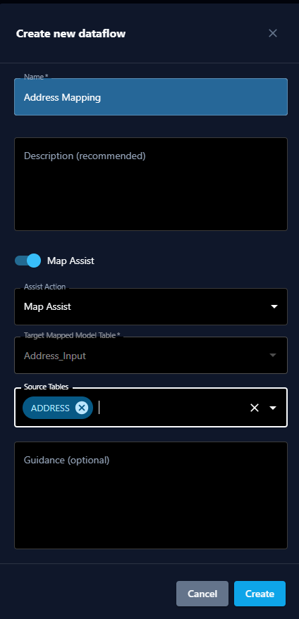 Create new dataflow dialog with Map Assist enabled, showing Assist Action, Target Mapped Model Table, Source Tables, and Guidance