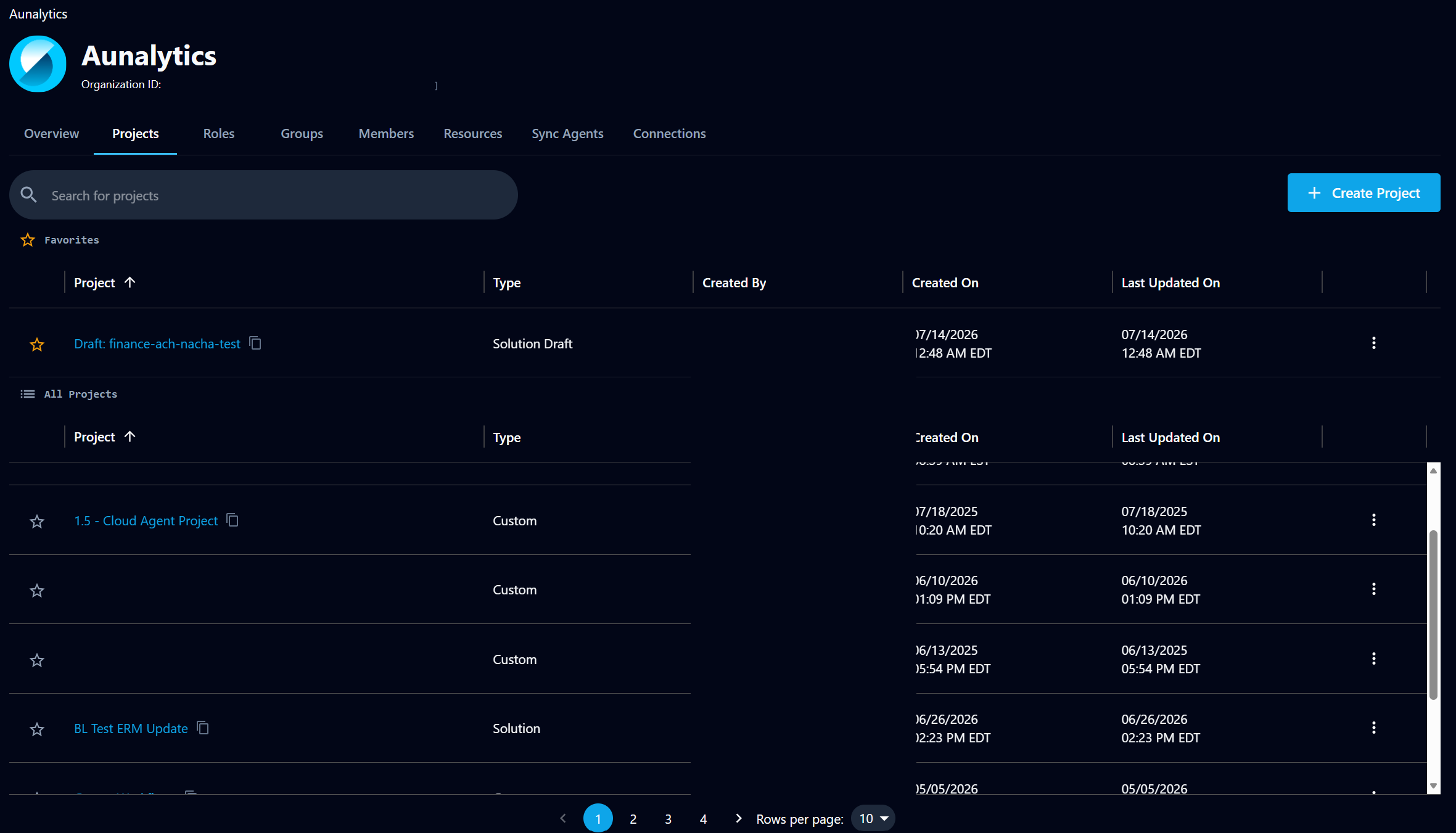 Projects list with a starred project pinned to a Favorites section at the top