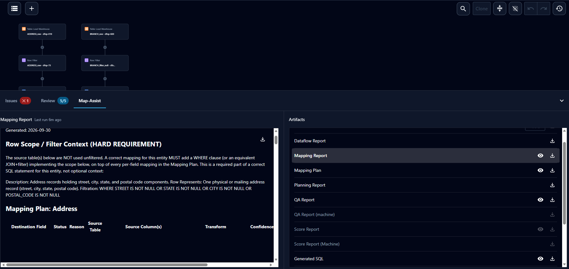 Map-Assist tab showing the Mapping Report and the downloadable artifacts panel