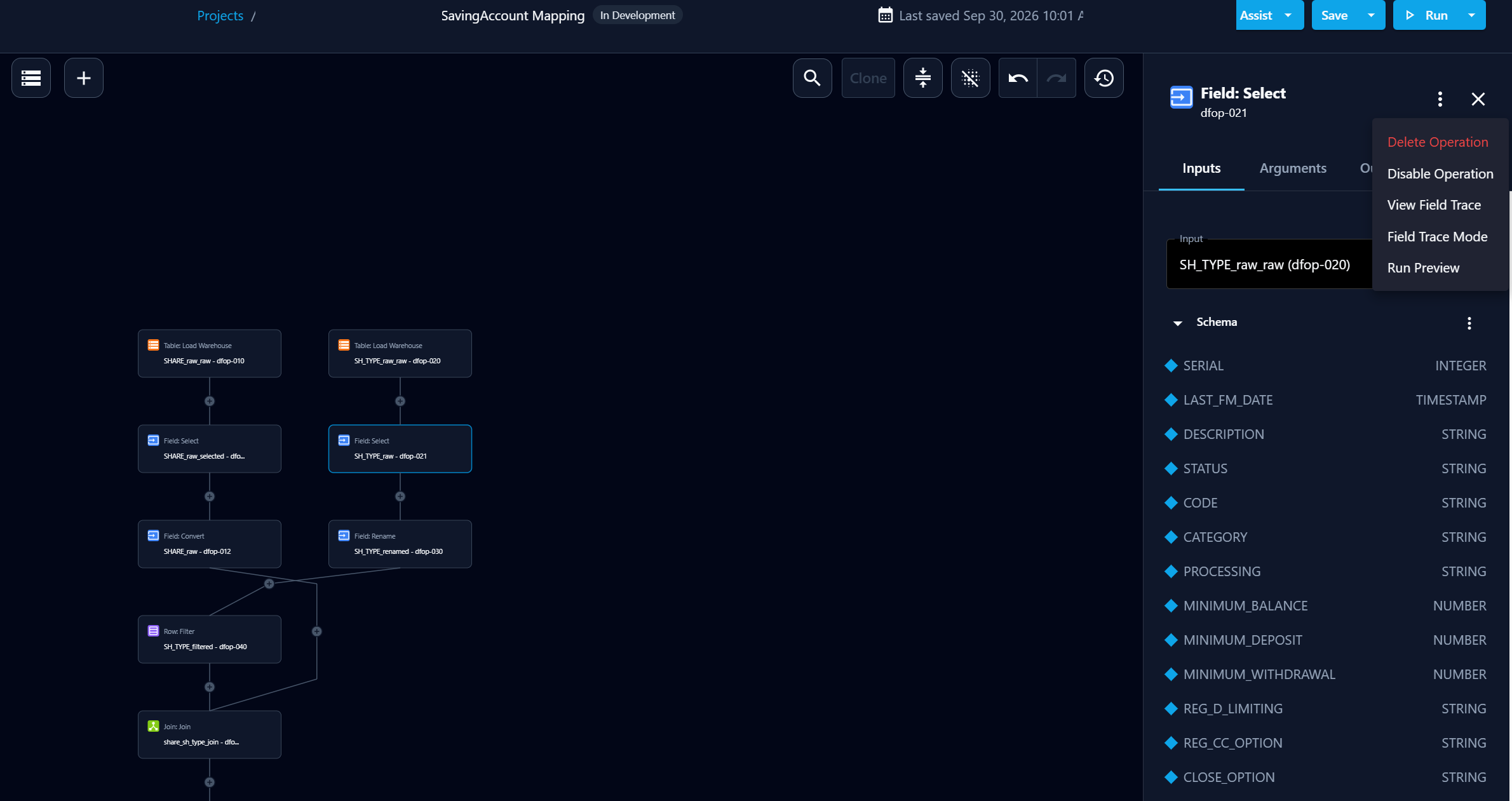Dataflow Builder field operation menu with the Run Preview option