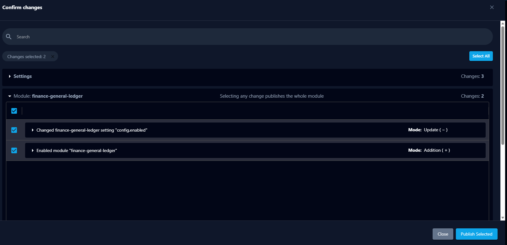 Confirm changes dialog with a module expanded, showing individual setting changes selected for publish
